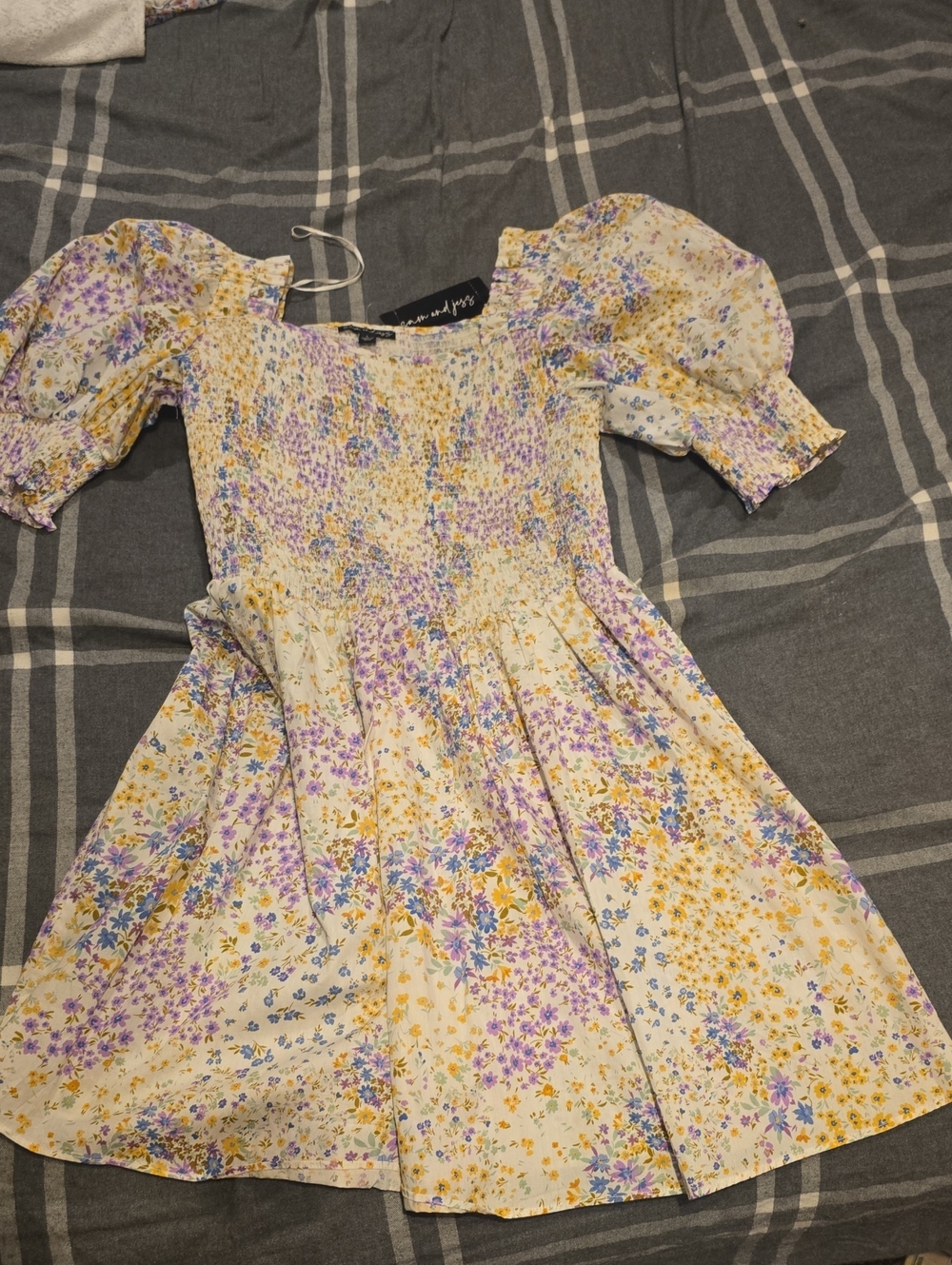 Smocked Puff-Sleeve Kids' Floral Dress in Yellow & Purple